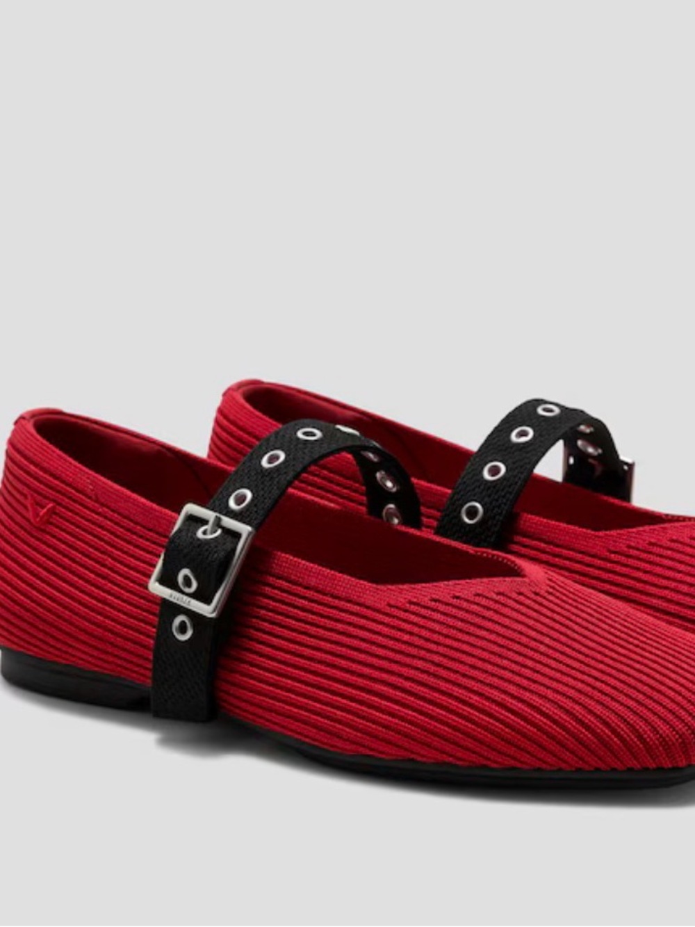 Red Knit Mary Jane Flats with Black Buckle Strap